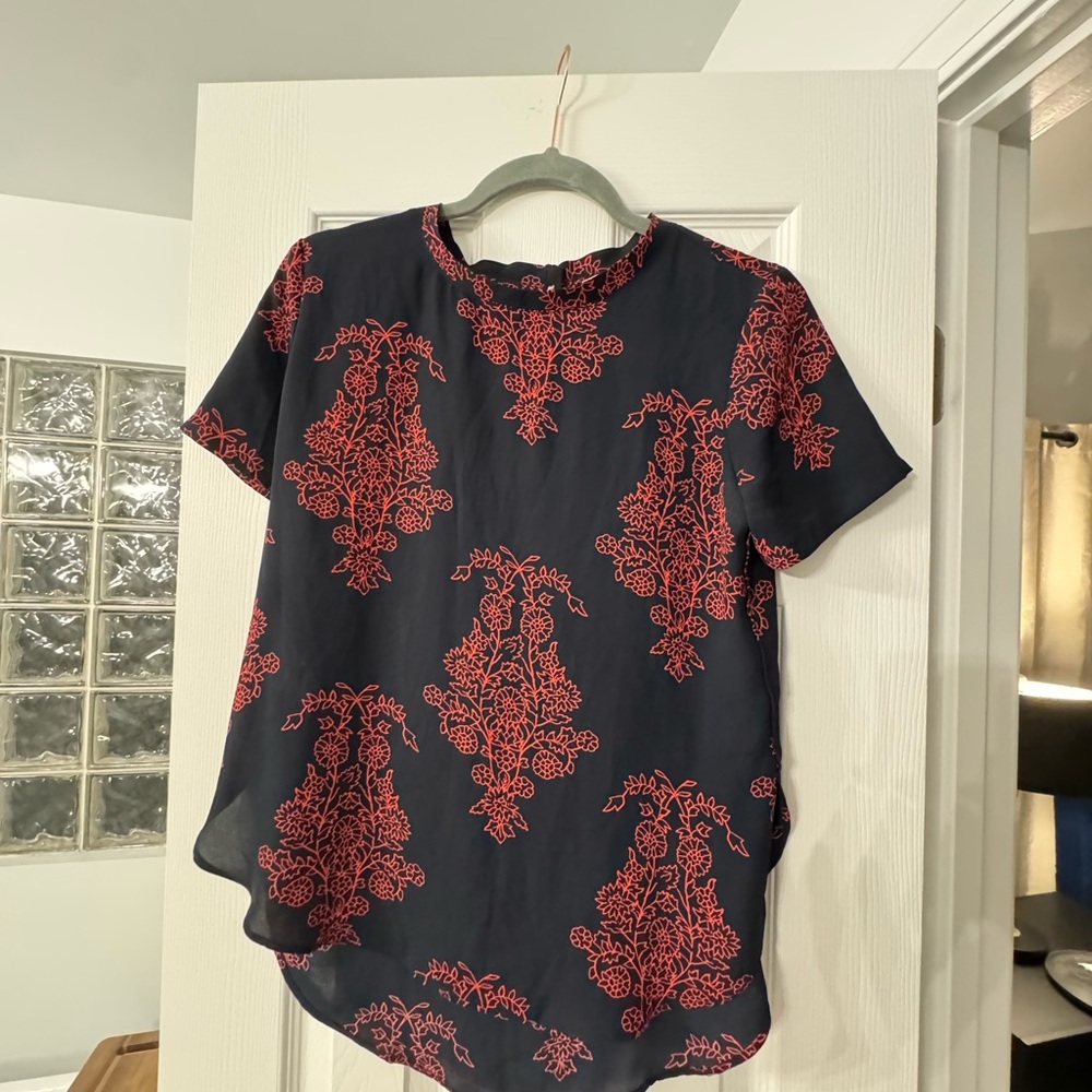 LOFT Navy Blouse with Red Floral Design